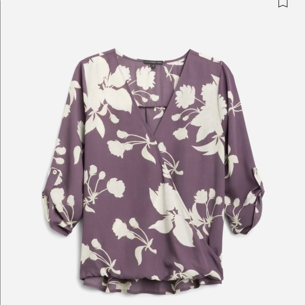 Tie sleeve high / low blouse.  Purpley taupe clolor